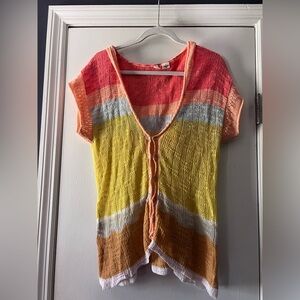 Anthropologie Moth Striped Short Sleeve Button Top in Coral, Yellow & Brown